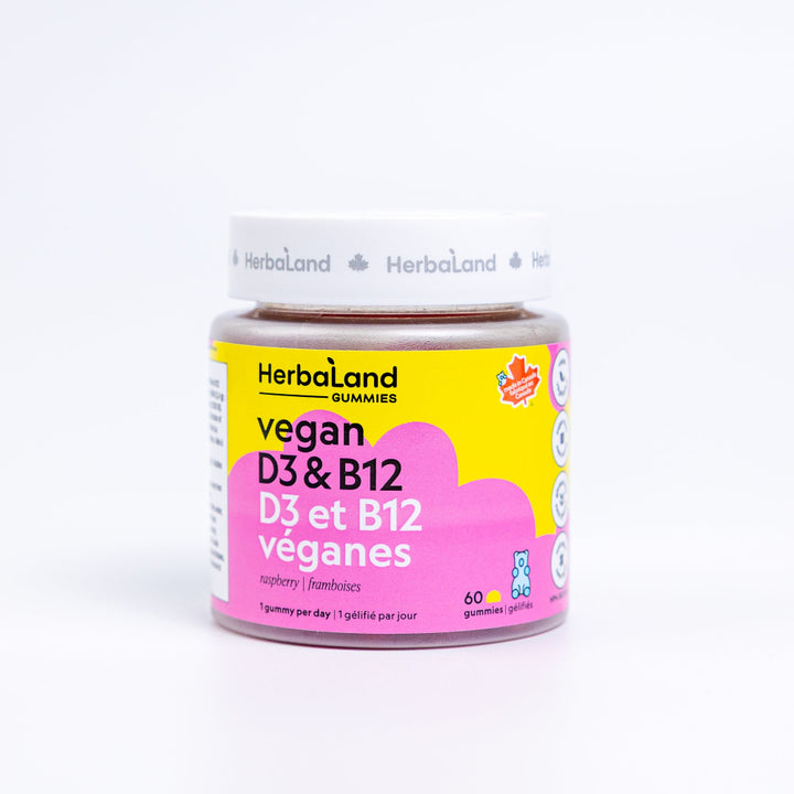 Herbaland Vegan D3 & B12 Gummies in a compact PCR bottle, designed to support energy levels, immune health, and overall wellness with plant-based vitamin D3 and B12. Perfect for maintaining a healthy, active lifestyle. Delicious raspberry flavour.