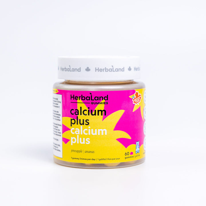 Herbaland Calcium Plus Gummies in a compact PCR bottle, designed to support strong bones, teeth, and overall wellness with calcium, vitamin D3, and K2. A simple and tasty way to maintain your daily health