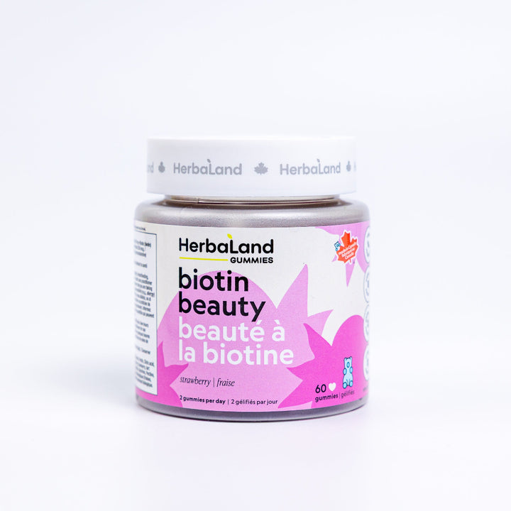 Herbaland Biotin Beauty Gummies in a compact PCR bottle, crafted to support healthy hair, skin, and nails with biotin and essential nutrients. A great addition to your self-care routine