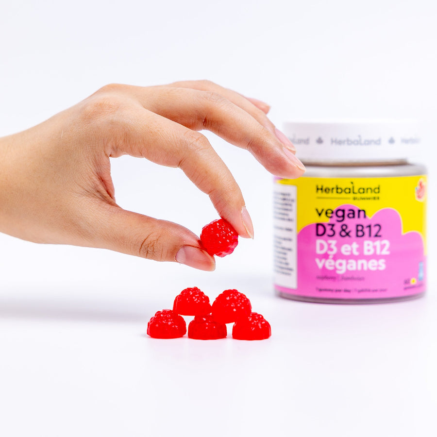 Herbaland Vegan D3 & B12 Gummies in a compact PCR bottle, designed to support energy levels, immune health, and overall wellness with plant-based vitamin D3 and B12. Perfect for maintaining a healthy, active lifestyle. Delicious raspberry flavour.