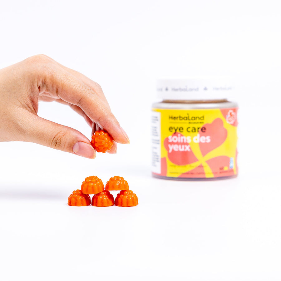 Herbaland Eye Care Gummies in a compact PCR bottle, formulated to support eye health and vision with lutein and zeaxanthin. A convenient and delicious addition to your daily wellness routine.