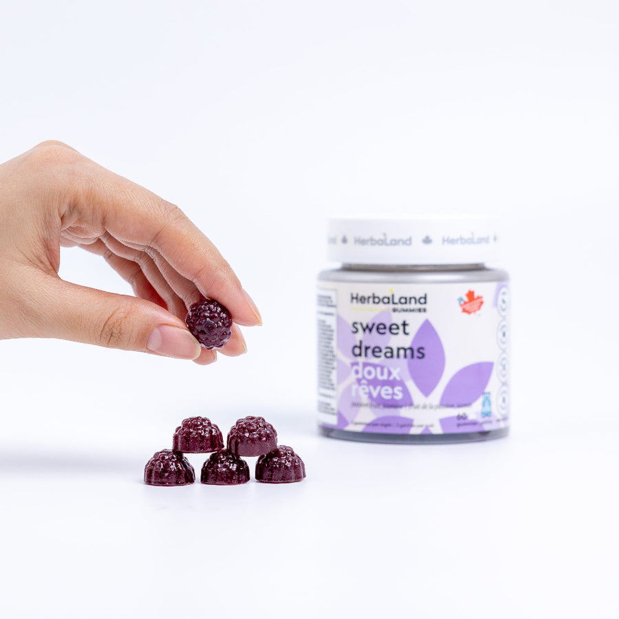 Herbaland Sweet Dreams Gummies in a compact PCR bottle, a best-seller designed to support relaxation, improved sleep quality, and a restful night with natural melatonin