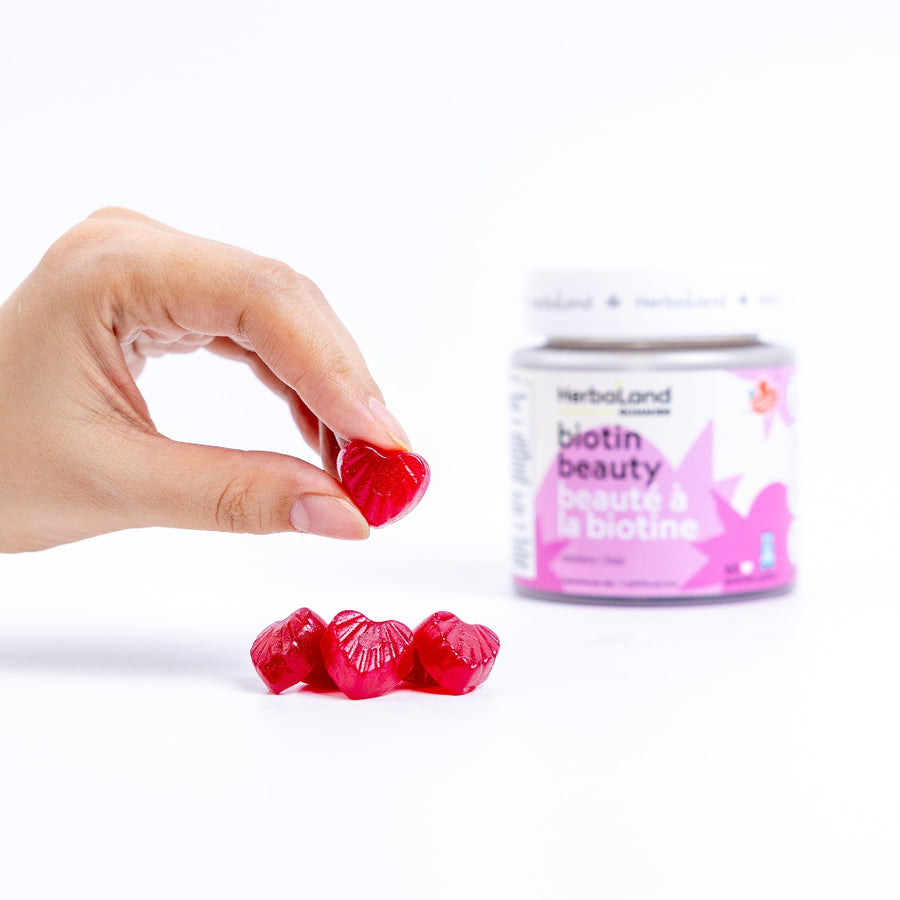 Herbaland Biotin Beauty Gummies in a compact PCR bottle, crafted to support healthy hair, skin, and nails with biotin and essential nutrients. A great addition to your self-care routine