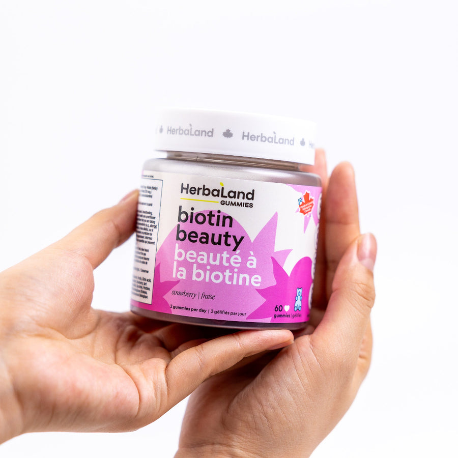 Herbaland Biotin Beauty Gummies in a compact PCR bottle, crafted to support healthy hair, skin, and nails with biotin and essential nutrients. A great addition to your self-care routine