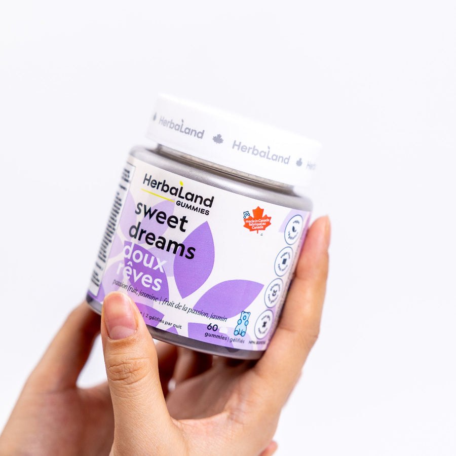 Herbaland Sweet Dreams Gummies in a compact PCR bottle, a best-seller designed to support relaxation, improved sleep quality, and a restful night with natural melatonin