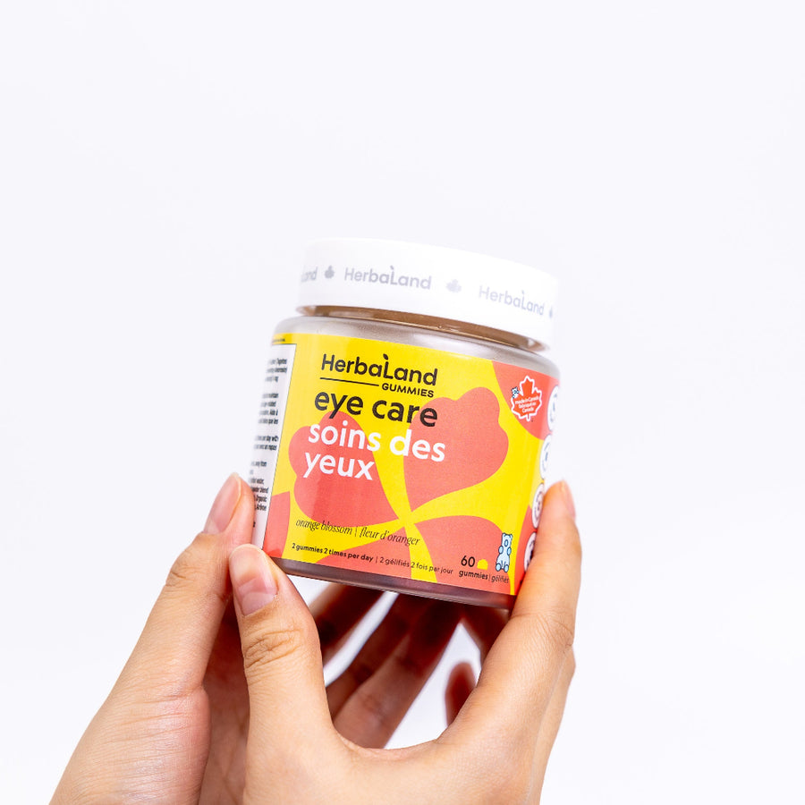 Herbaland Eye Care Gummies in a compact PCR bottle, formulated to support eye health and vision with lutein and zeaxanthin. A convenient and delicious addition to your daily wellness routine.