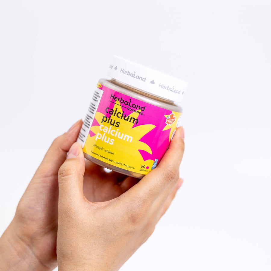 Herbaland Calcium Plus Gummies in a compact PCR bottle, designed to support strong bones, teeth, and overall wellness with calcium, vitamin D3, and K2. A simple and tasty way to maintain your daily health