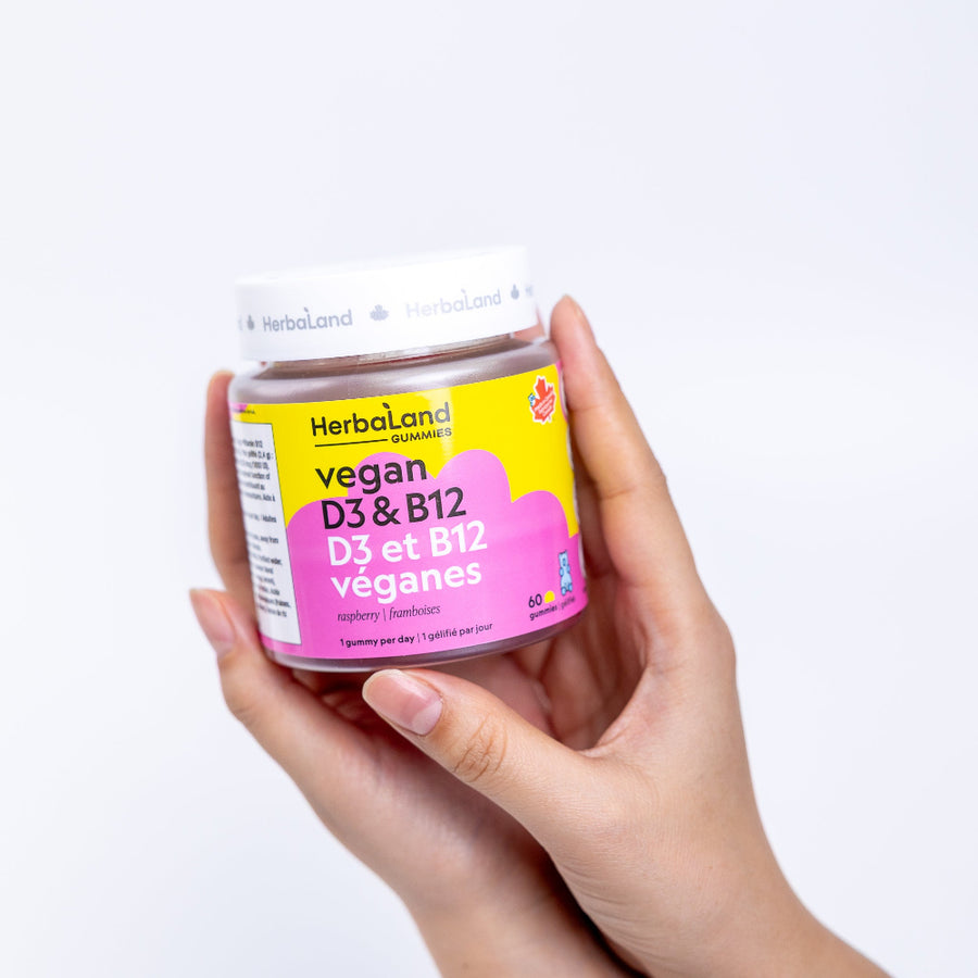 Herbaland Vegan D3 & B12 Gummies in a compact PCR bottle, designed to support energy levels, immune health, and overall wellness with plant-based vitamin D3 and B12. Perfect for maintaining a healthy, active lifestyle. Delicious raspberry flavour.