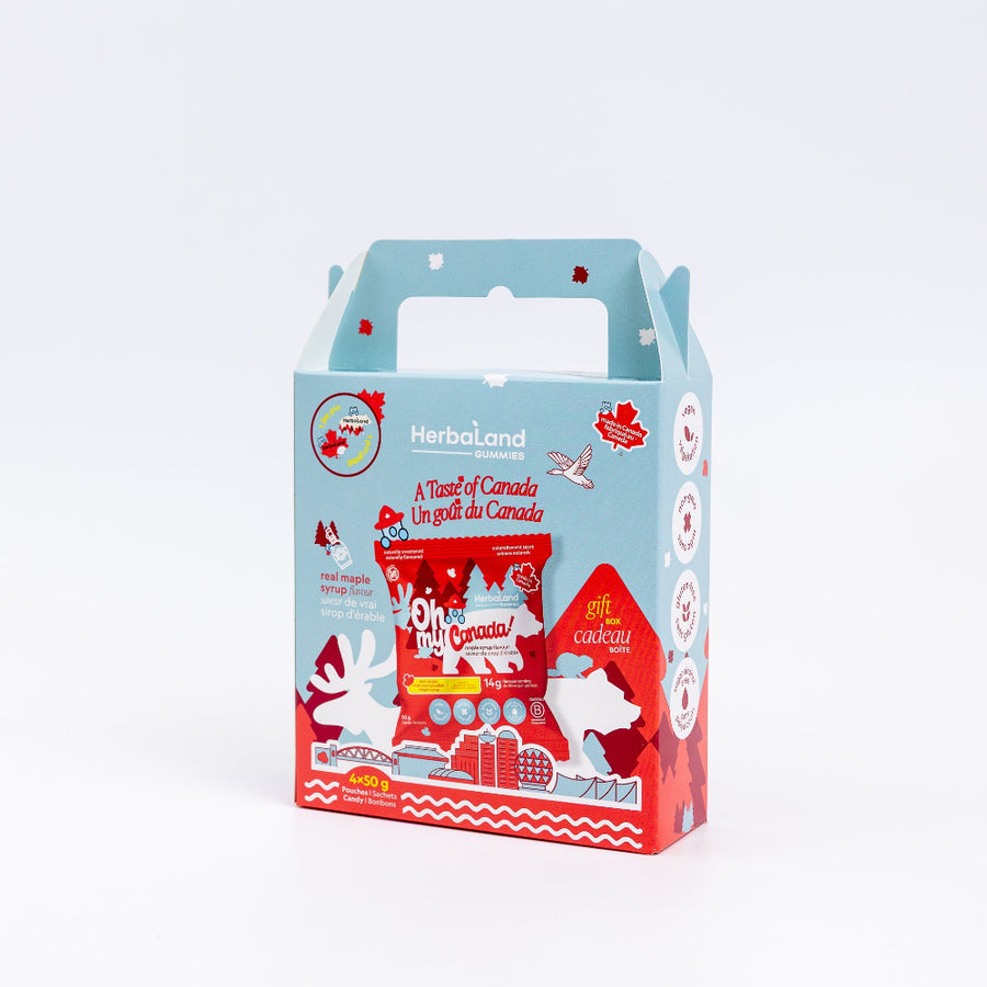 A beautifully designed Oh My Canada! Gift Box featuring four pouches of maple syrup-flavored gummies and an exclusive limited-edition Herbaland pin. Perfect for celebrating Canada with a delicious, plant-based, high-fiber treat made with real maple syrup