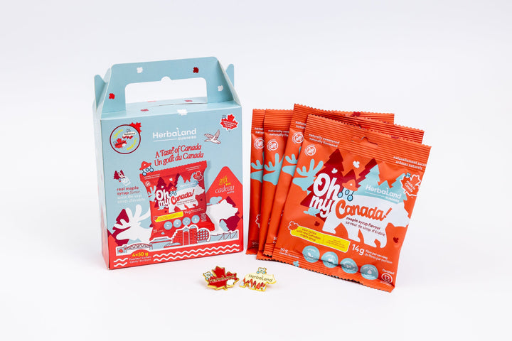 A beautifully designed Oh My Canada! Gift Box featuring four pouches of maple syrup-flavored gummies and an exclusive limited-edition Herbaland pin. Perfect for celebrating Canada with a delicious, plant-based, high-fiber treat made with real maple syrup