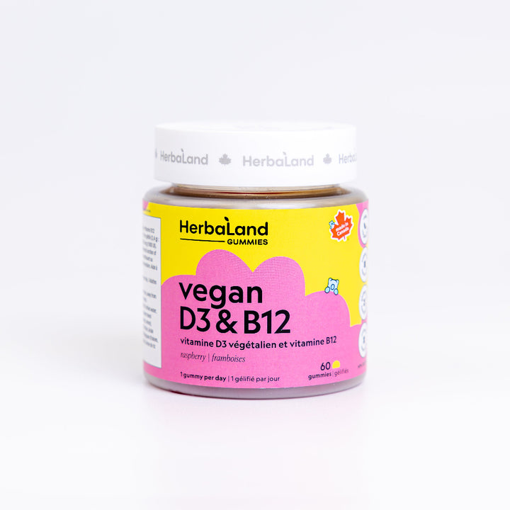 Herbaland Vegan D3 & B12 Gummies in a compact PCR bottle, designed to support energy levels, immune health, and overall wellness with plant-based vitamin D3 and B12. Perfect for maintaining a healthy, active lifestyle. Delicious raspberry flavour.