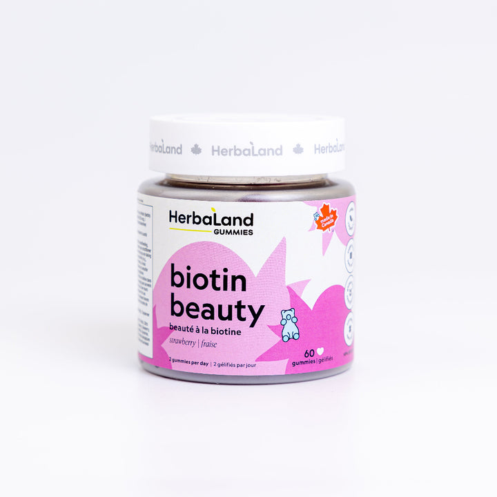 Herbaland Biotin Beauty Gummies in a compact PCR bottle, crafted to support healthy hair, skin, and nails with biotin and essential nutrients. A great addition to your self-care routine