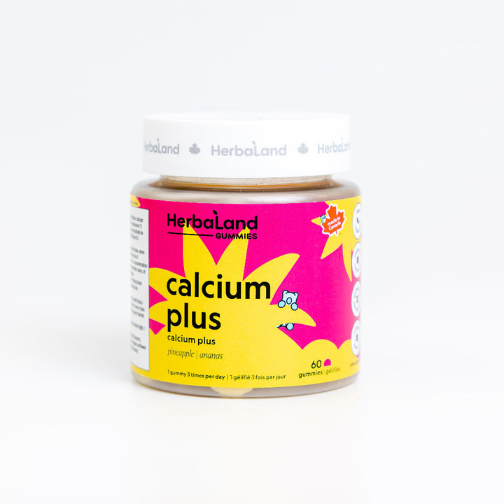 Herbaland Calcium Plus Gummies in a compact PCR bottle, designed to support strong bones, teeth, and overall wellness with calcium, vitamin D3, and K2. A simple and tasty way to maintain your daily health