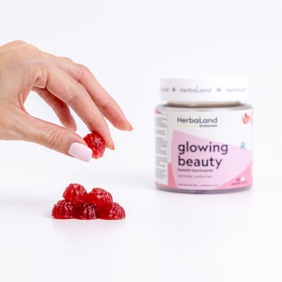 Herbaland Vegan Collagen Gummies in a compact PCR bottle, formulated to support healthy skin, hair, and nails with plant-based ingredients. A perfect boost for your daily beauty routine