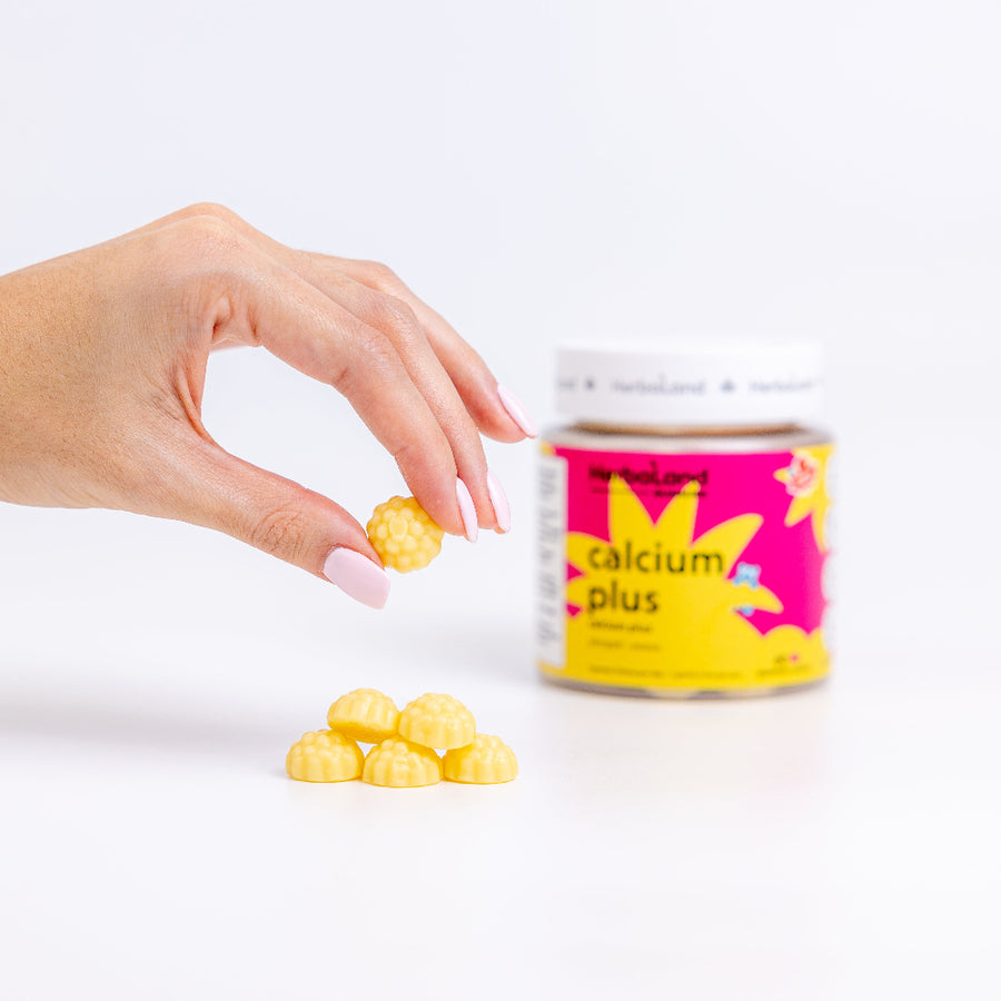 Herbaland Calcium Plus Gummies in a compact PCR bottle, designed to support strong bones, teeth, and overall wellness with calcium, vitamin D3, and K2. A simple and tasty way to maintain your daily health