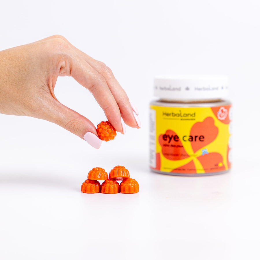 Herbaland Eye Care Gummies in a compact PCR bottle, formulated to support eye health and vision with lutein and zeaxanthin. A convenient and delicious addition to your daily wellness routine.