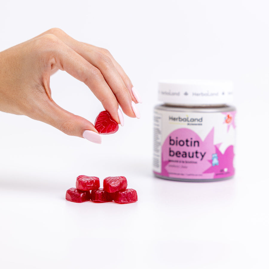 Herbaland Biotin Beauty Gummies in a compact PCR bottle, crafted to support healthy hair, skin, and nails with biotin and essential nutrients. A great addition to your self-care routine