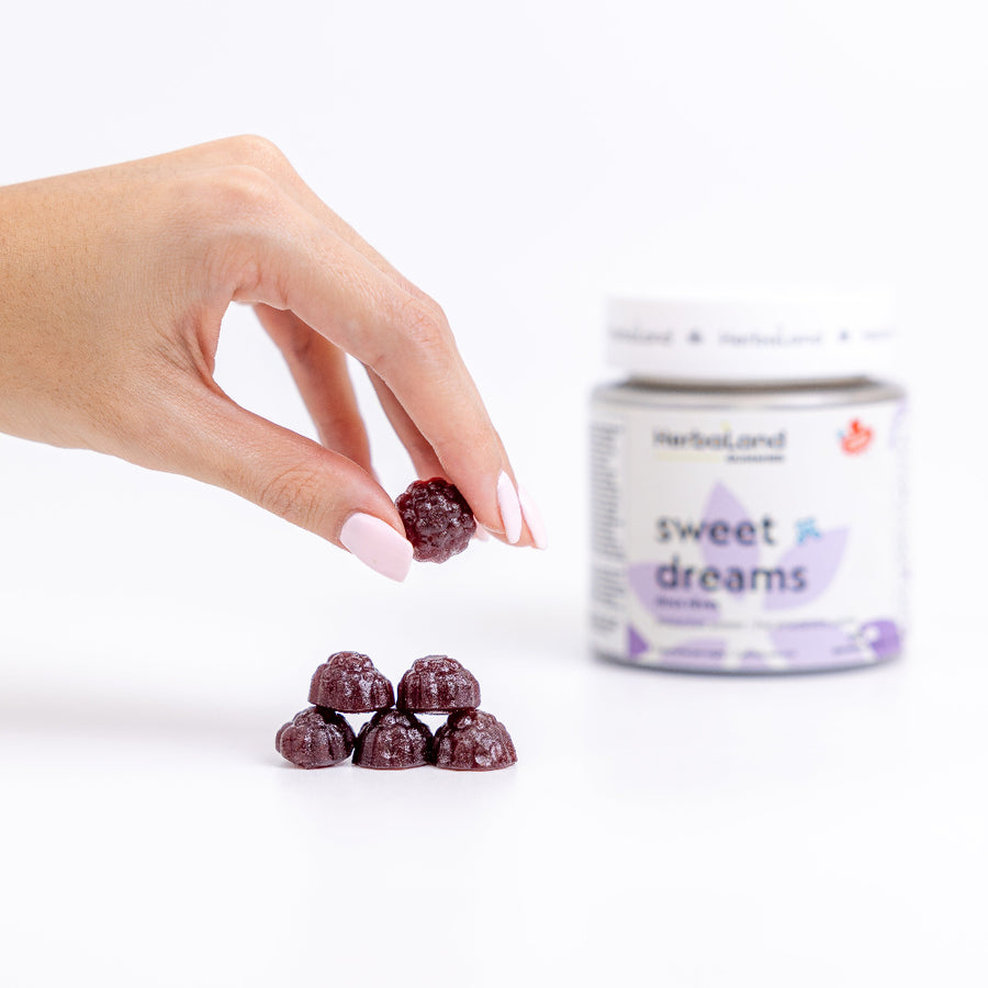 Herbaland Sweet Dreams Gummies in a compact PCR bottle, a best-seller designed to support relaxation, improved sleep quality, and a restful night with natural melatonin