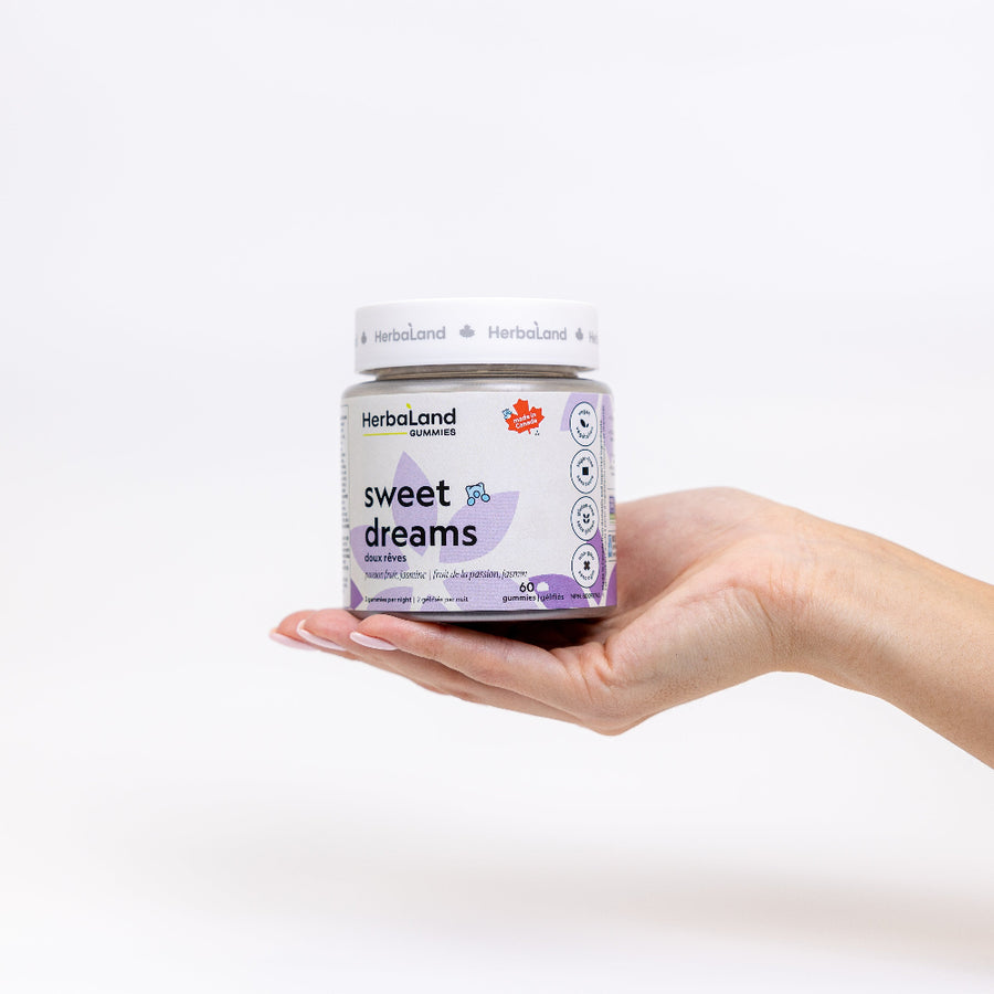 Herbaland Sweet Dreams Gummies in a compact PCR bottle, a best-seller designed to support relaxation, improved sleep quality, and a restful night with natural melatonin