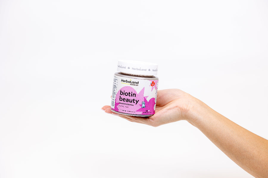 Herbaland Biotin Beauty Gummies in a compact PCR bottle, crafted to support healthy hair, skin, and nails with biotin and essential nutrients. A great addition to your self-care routine