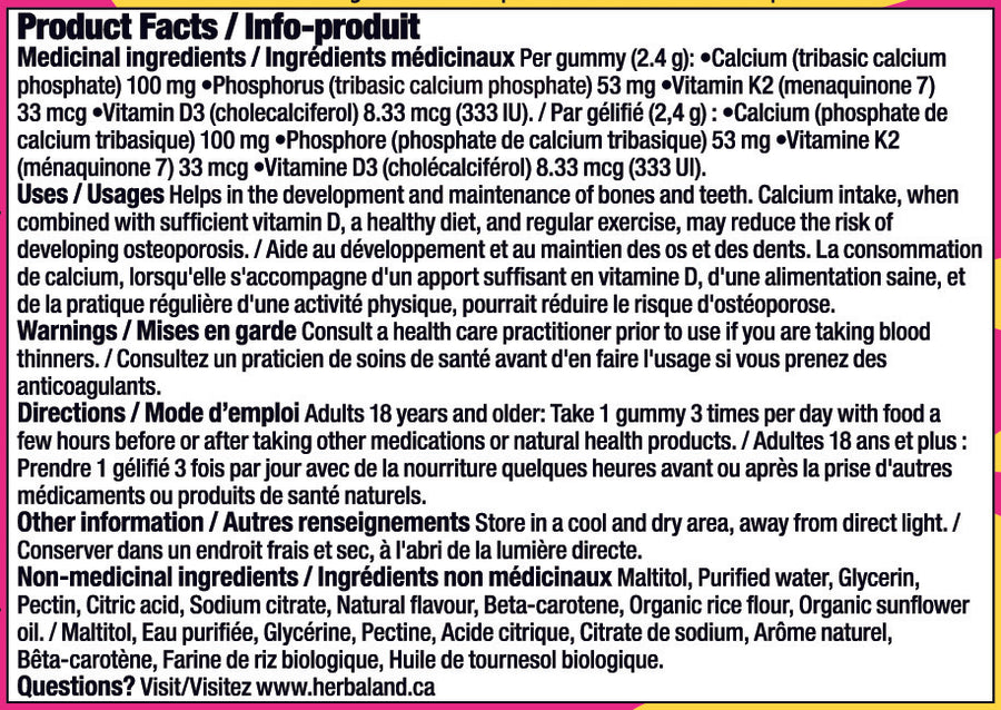 Herbaland Calcium Plus Gummies in a compact PCR bottle, designed to support strong bones, teeth, and overall wellness with calcium, vitamin D3, and K2. A simple and tasty way to maintain your daily health