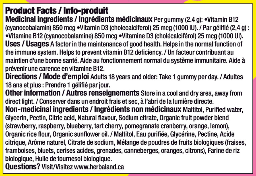 Herbaland Vegan D3 & B12 Gummies in a compact PCR bottle, designed to support energy levels, immune health, and overall wellness with plant-based vitamin D3 and B12. Perfect for maintaining a healthy, active lifestyle. Delicious raspberry flavour.