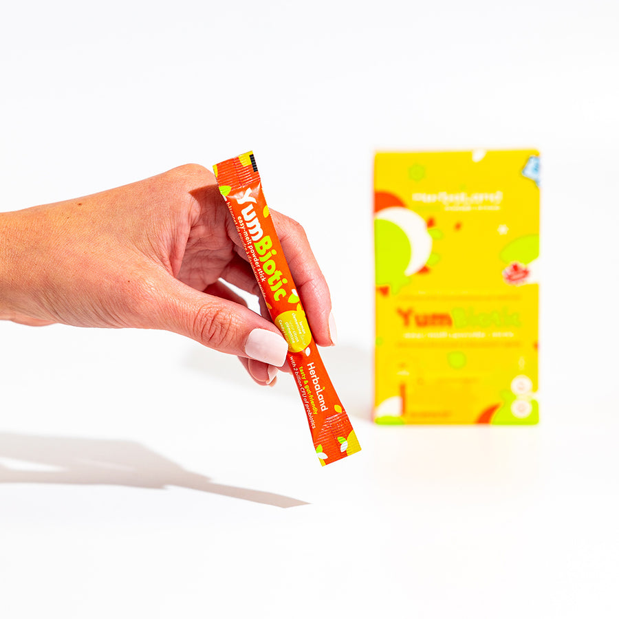 Herbaland YumBiotic Powder Sticks. Lemon Clementine Flavour.