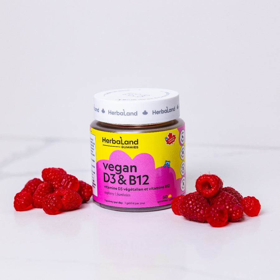 Herbaland Vegan D3 & B12 Gummies in a compact PCR bottle, designed to support energy levels, immune health, and overall wellness with plant-based vitamin D3 and B12. Perfect for maintaining a healthy, active lifestyle. Delicious raspberry flavour.