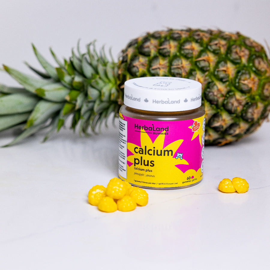 Herbaland Calcium Plus Gummies in a compact PCR bottle, designed to support strong bones, teeth, and overall wellness with calcium, vitamin D3, and K2. A simple and tasty way to maintain your daily health