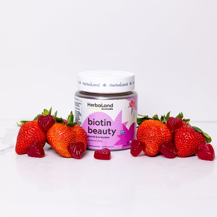 Herbaland Biotin Beauty Gummies in a compact PCR bottle, crafted to support healthy hair, skin, and nails with biotin and essential nutrients. A great addition to your self-care routine